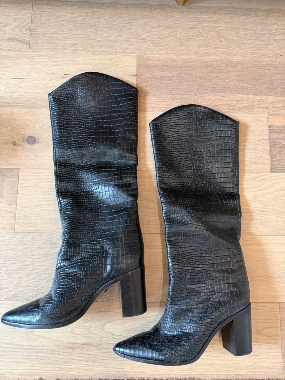 Schutz Maryana Black Croc-Embossed knee-high Block Heel Boots